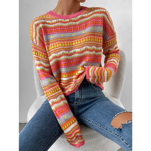 Striped 70s style vintage Pointelle Knit Sweater purple - Picture 4 of 11